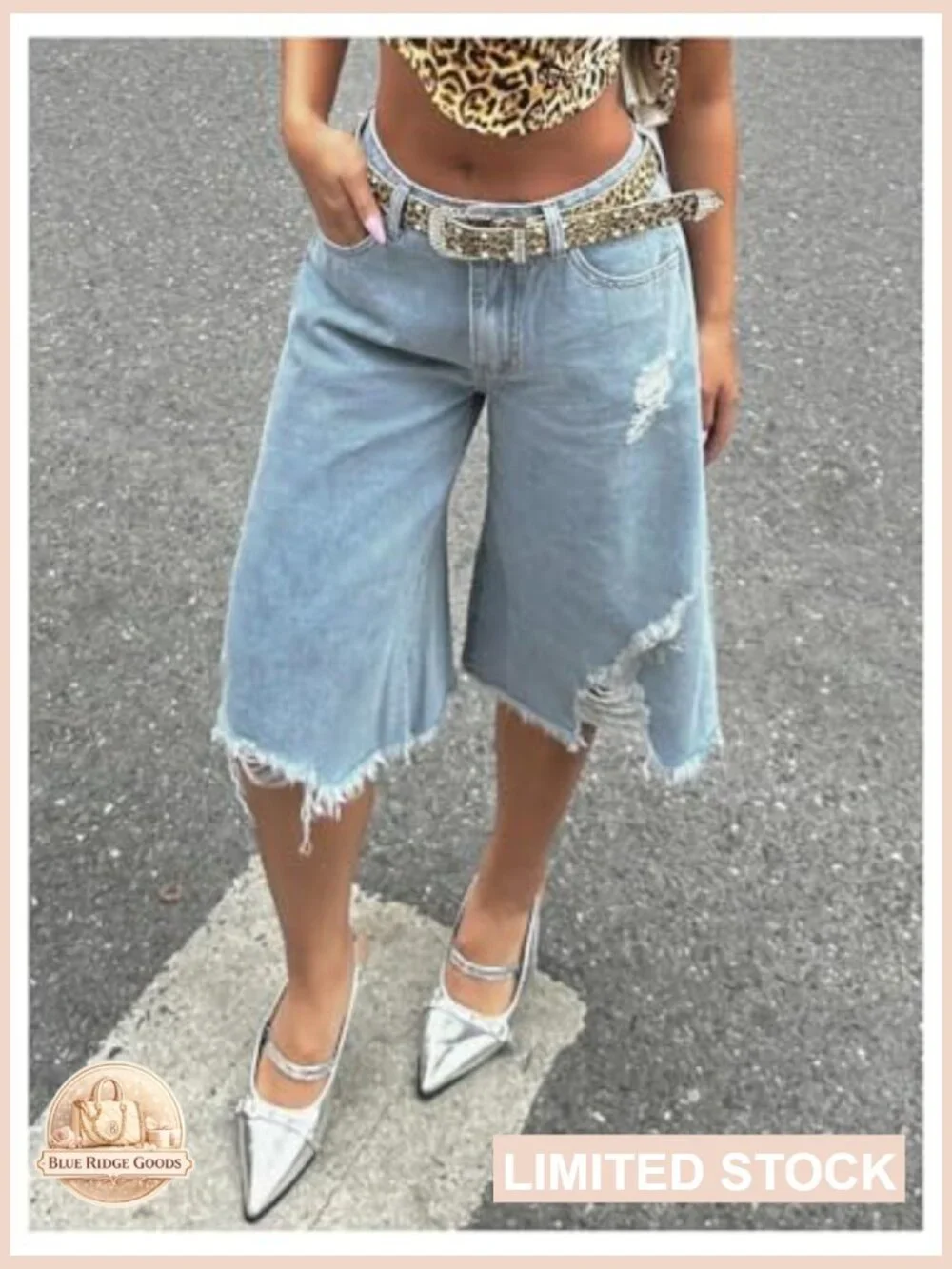 Wide Leg Baggy Cropped Denim Shorts Y2K Ripped Raw Hem High Rise Streetwear